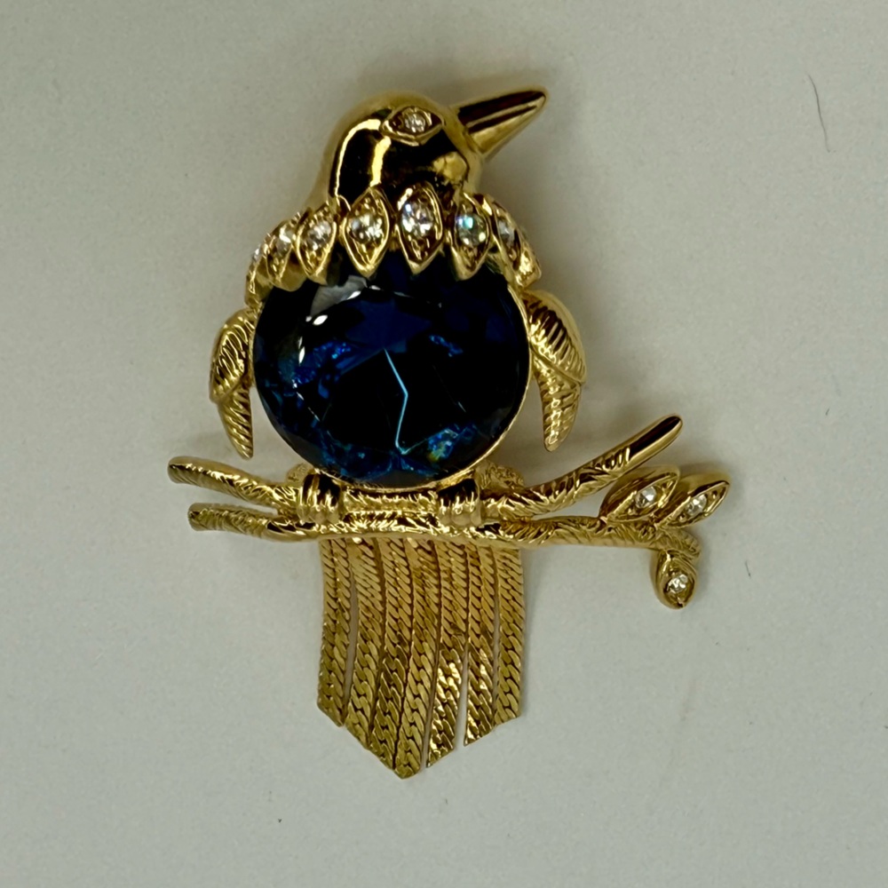 Rare Vintage Kenneth Jay Lane Bird Brooch – 1990s Signed KJL Blue Crystal Gold - Picture 14 of 17